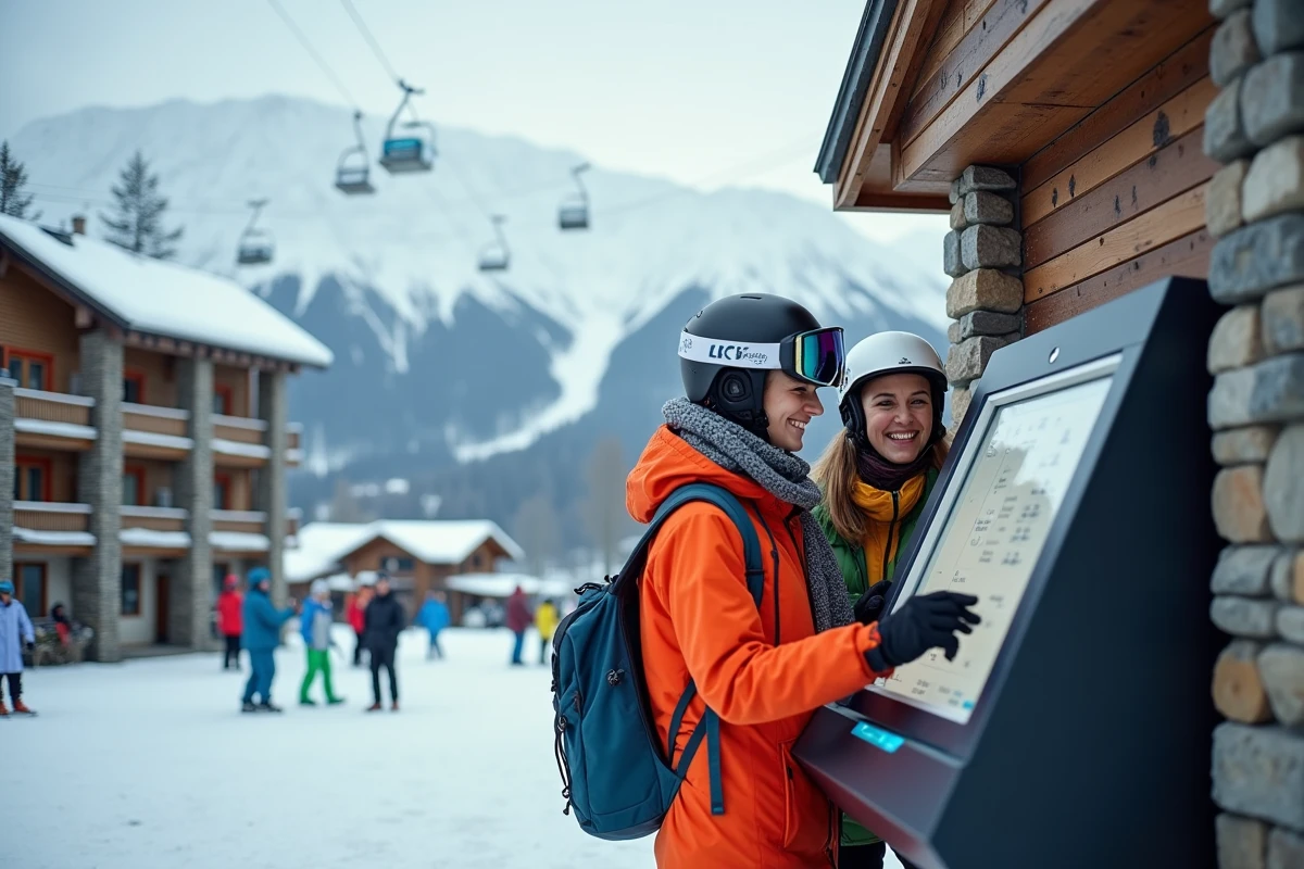 Couple de skieurs achetant un forfait à un borne automatique de La Plagne avec vue sur les sommets enneigés
