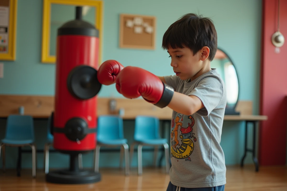 Adolescent pratiquant la boxe sur une machine musicale dans un centre communautaire