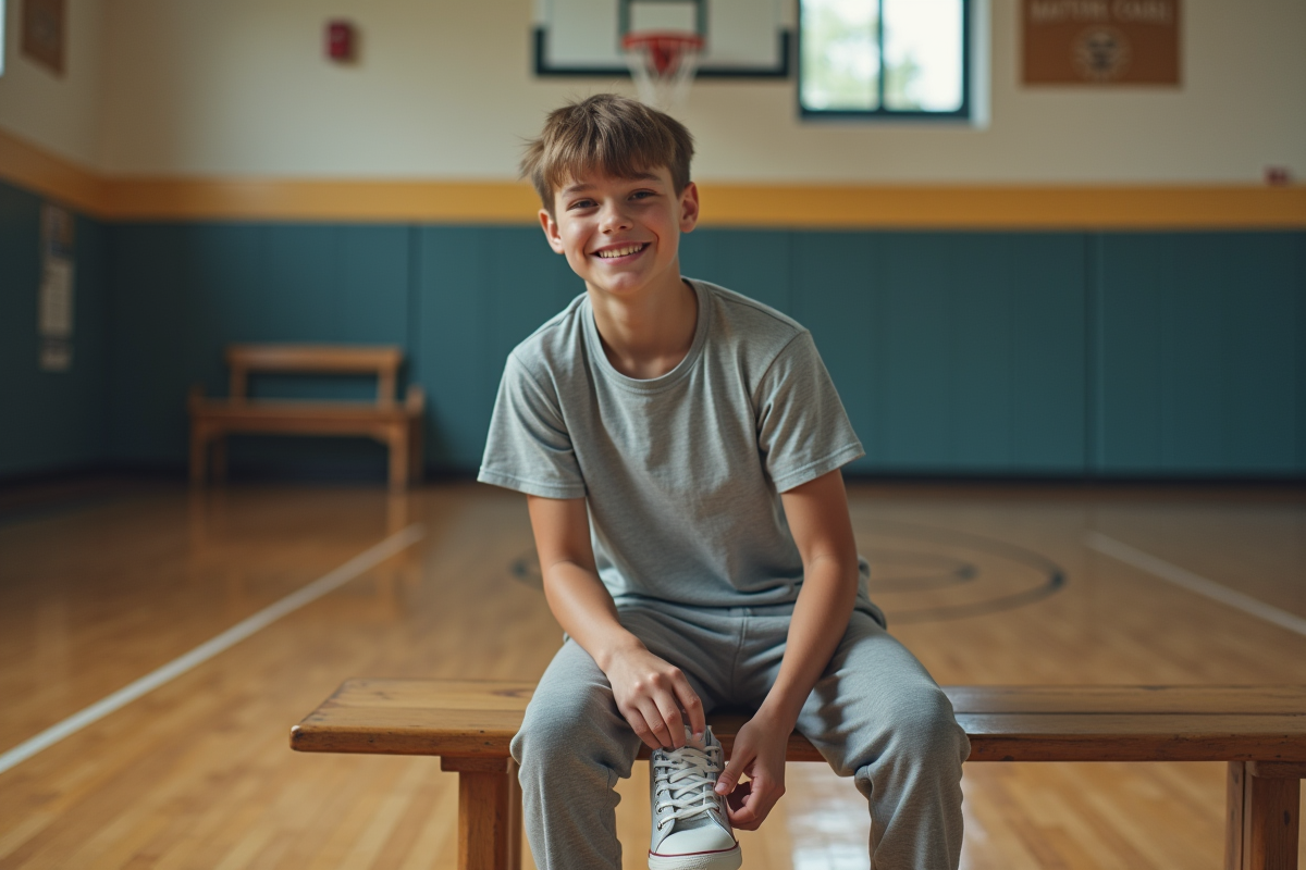 Adolescent assis dans un gymnase en train de lacer ses chaussures