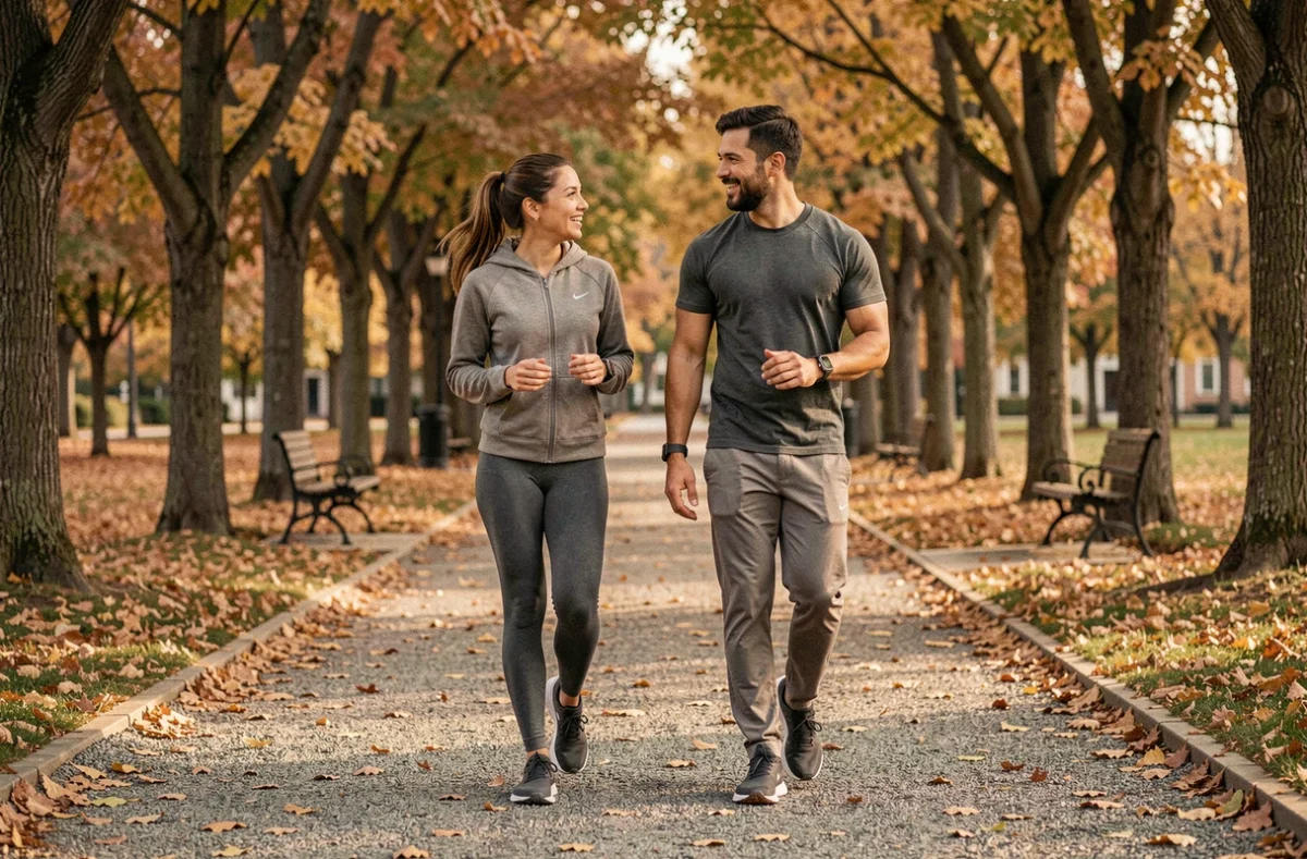 Deux amis marchant sur un sentier de parc avec des trackers de fitness pour mesurer leurs pas et kilomètres parcourus