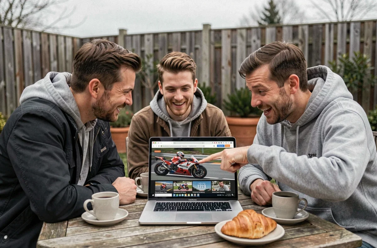 Groupe d'amis regardant l'heure de départ d'un Grand Prix MotoGP sur ordinateur portable en extérieur