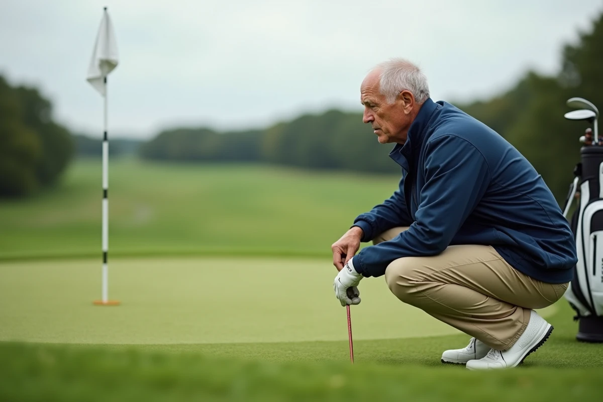 Golfeur expérimenté analysant la pente du green pour affiner sa stratégie de jeu
