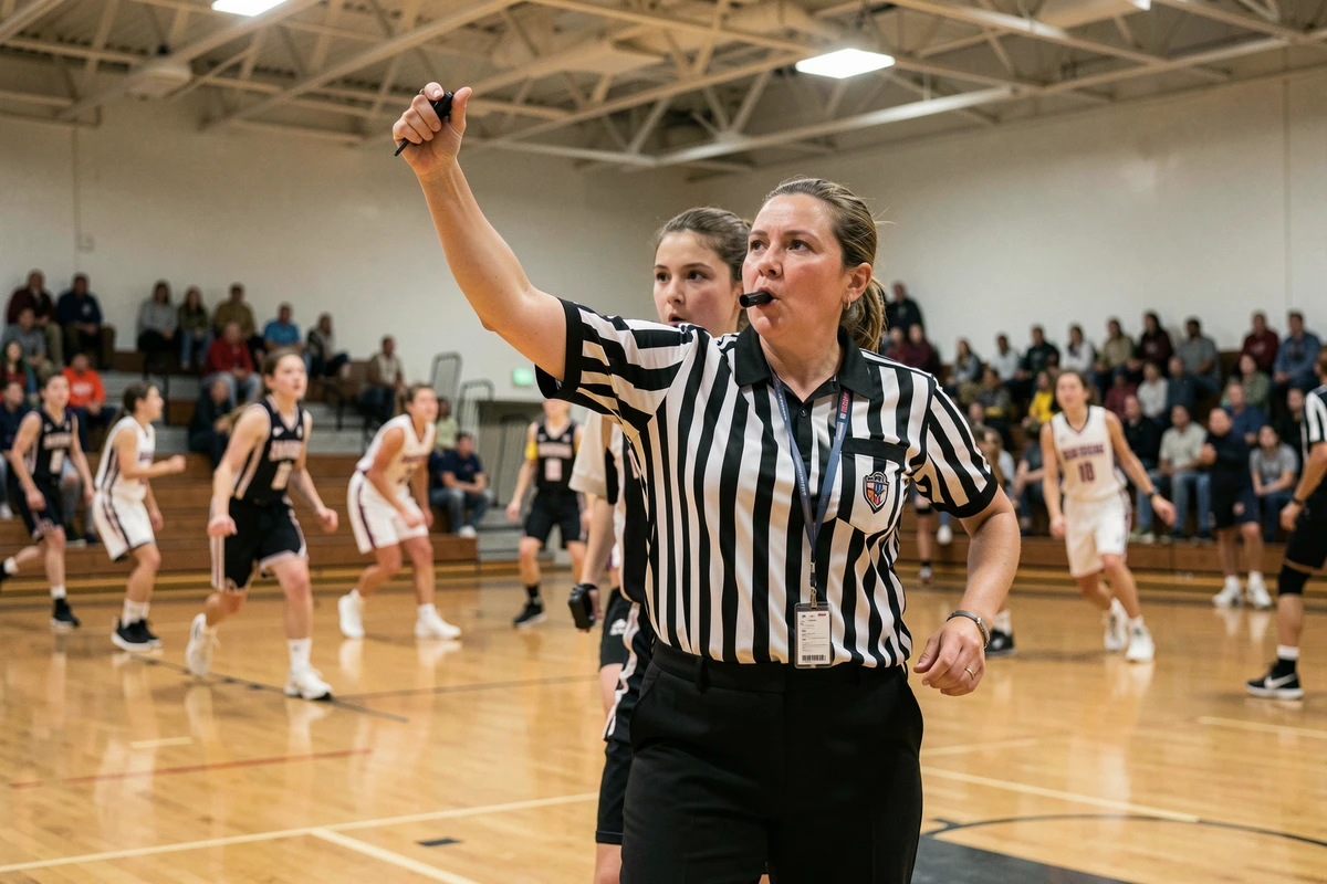 Arbitre féminine sifflant une faute lors d'un match de basket-ball scolaire dans un gymnase