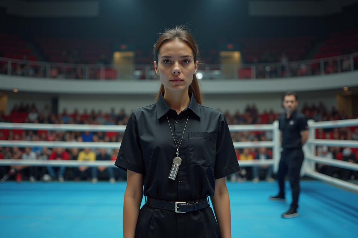 Arbitre sportive en pleine action lors d’un match de boxe