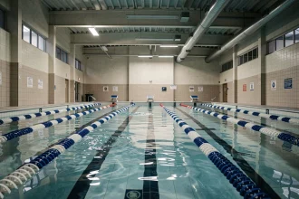 Vue grand angle d'un bassin de natation intérieur à huit couloirs de la piscine Jules Verne, avec les cordes de couloir bleues et blanches s'étendant vers le mur du fond