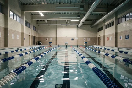 Vue grand angle d'un bassin de natation intérieur à huit couloirs de la piscine Jules Verne, avec les cordes de couloir bleues et blanches s'étendant vers le mur du fond