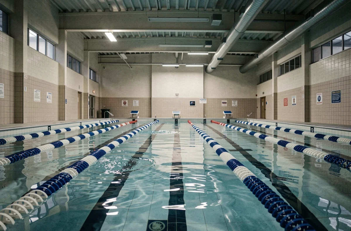 Vue grand angle d'un bassin de natation intérieur à huit couloirs de la piscine Jules Verne, avec les cordes de couloir bleues et blanches s'étendant vers le mur du fond