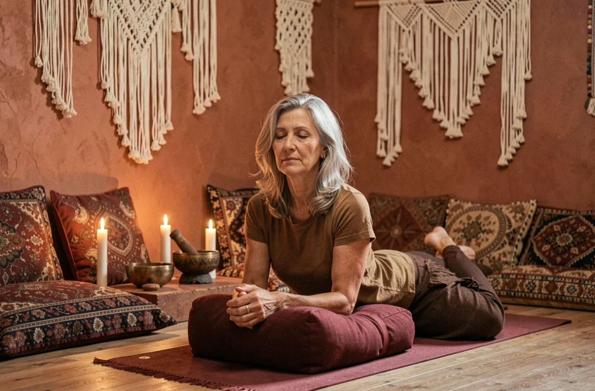 Femme en pose restauratrice de yin yoga dans l'espace Bilanciel - Ritama Yoga