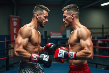 Deux boxeurs jeunes en gymnase face &agrave; face