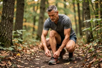 Homme sportif de plus de 40 ans lacant ses chaussures de trail en forêt, idée de cadeau pour homme actif