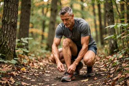 Homme sportif de plus de 40 ans lacant ses chaussures de trail en forêt, idée de cadeau pour homme actif
