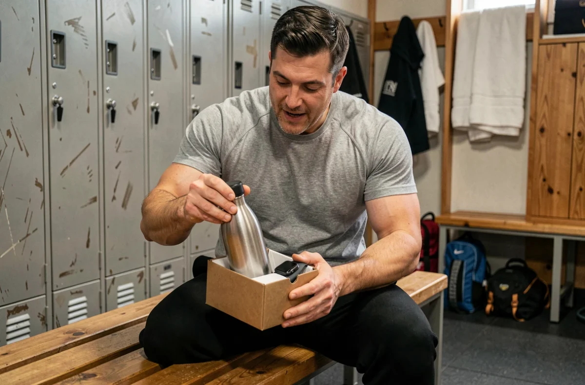 Homme sportif de 40 ans découvrant des cadeaux sportifs montre connectée et gourde dans un vestiaire de salle de sport