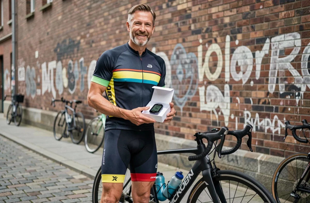 Cycliste homme de 40 ans tenant un GPS vélo comme cadeau sportif en milieu urbain