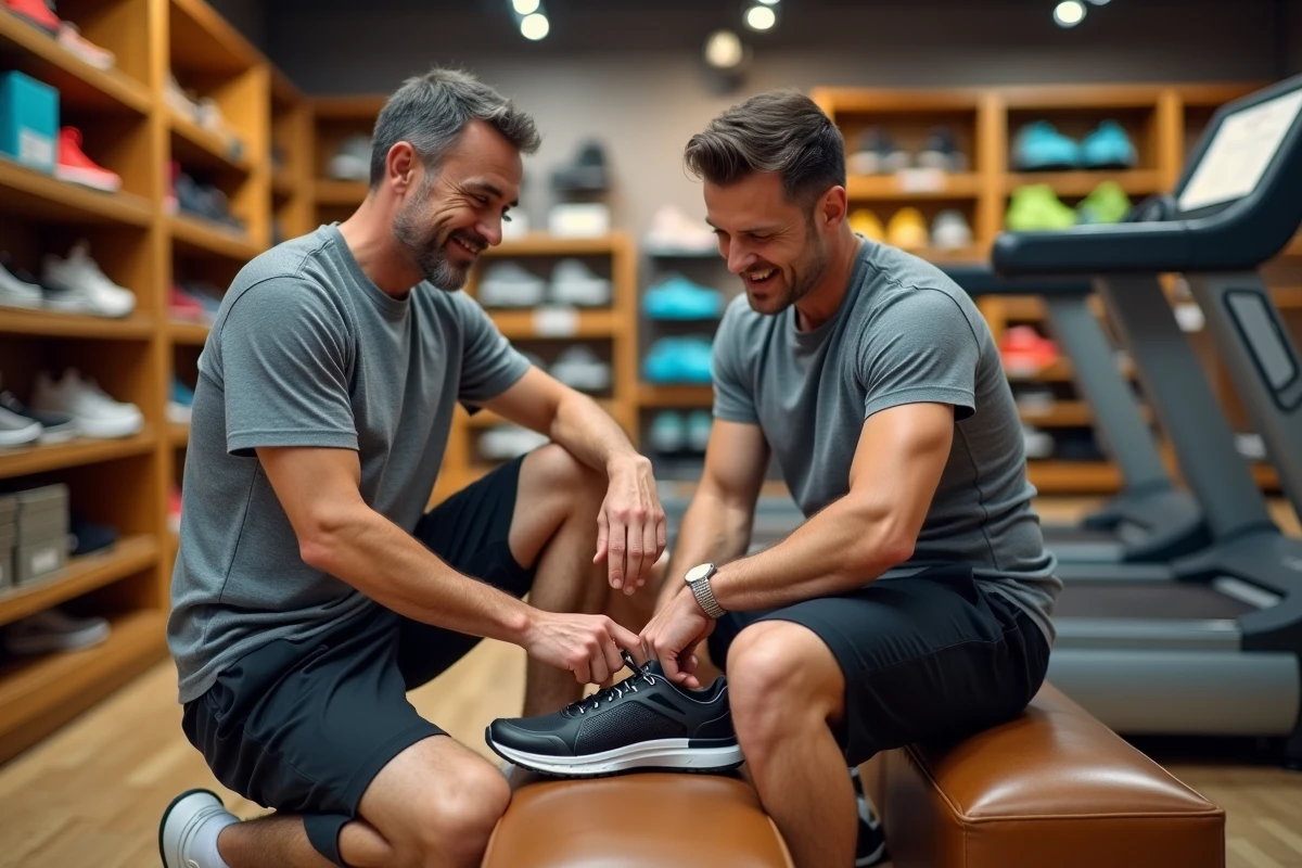 Coureur débutant essayant des chaussures de running adaptées à la pronation dans un magasin spécialisé avec l'aide d'un conseiller