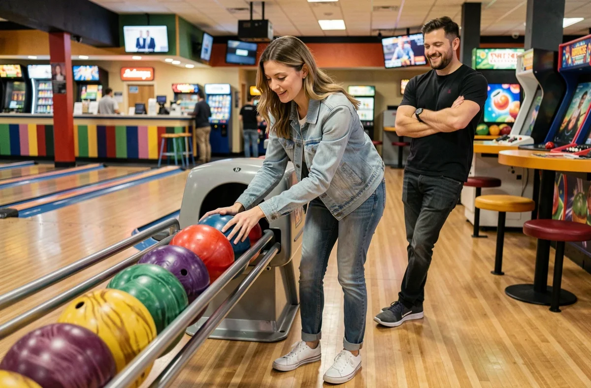 Femme choisissant sa boule de bowling sous le regard amusé de son partenaire dans une salle Planet Bowling