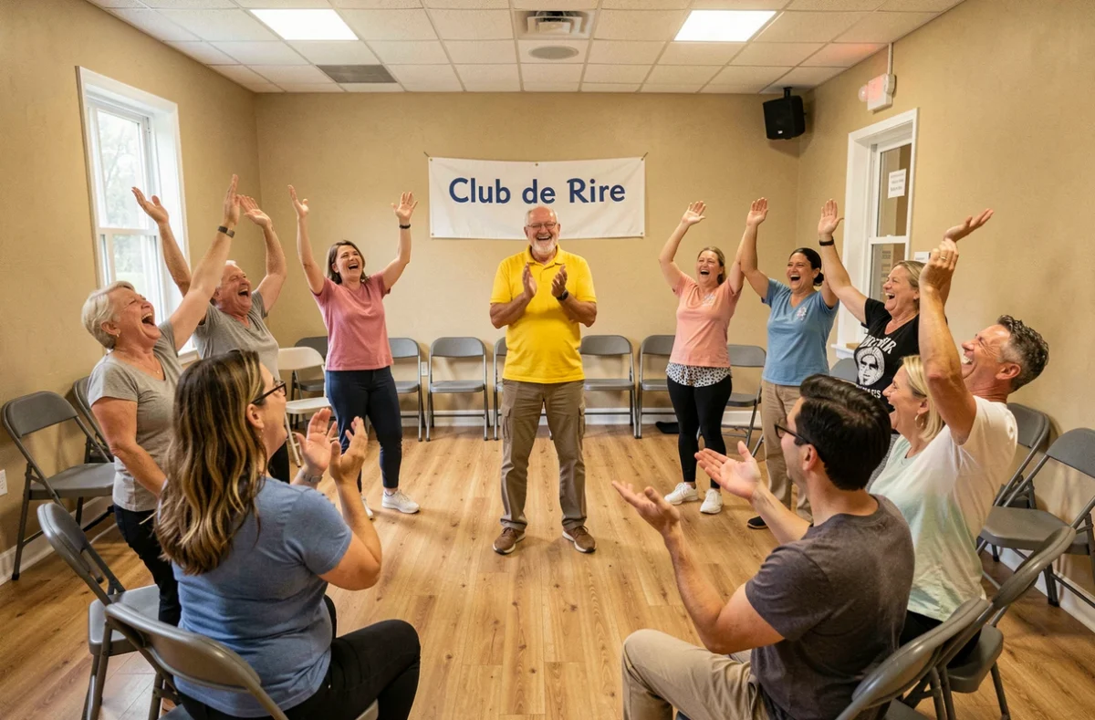 Séance de yoga du rire en cercle au Club de Rire Nanterre avec animateur et participants joyeux