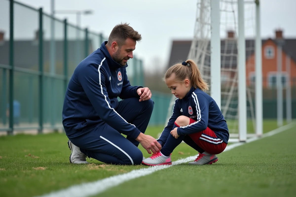 Entraîneur aidant une jeune joueuse sur le terrain de football