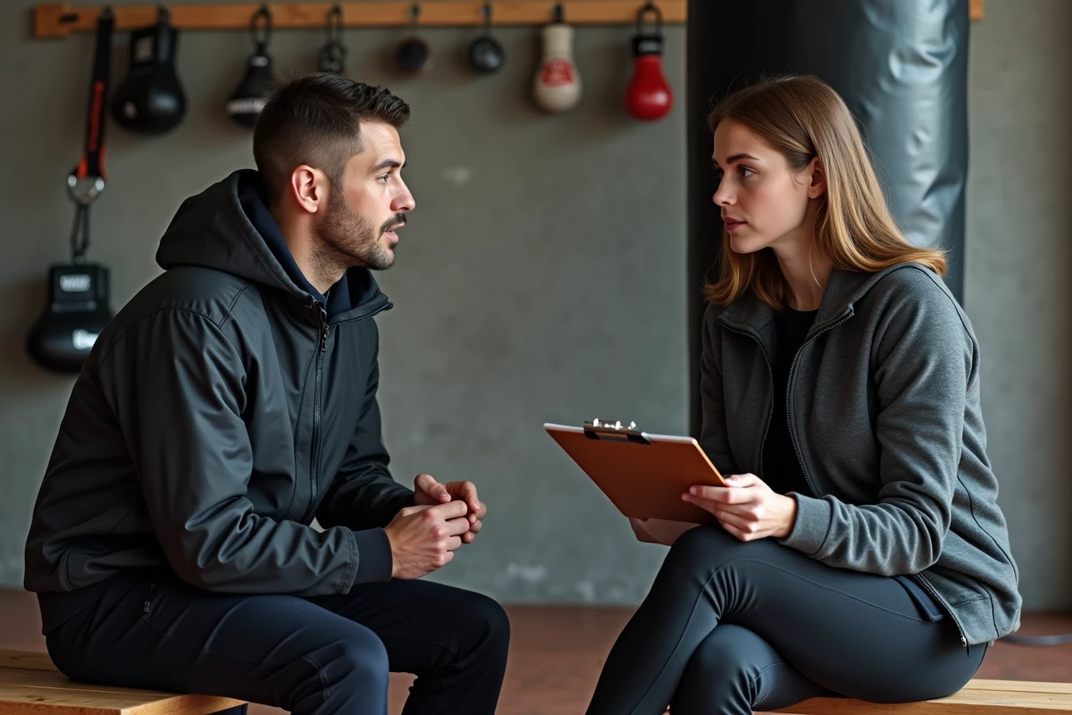 Entraineure de boxe parlant à un jeune boxeur