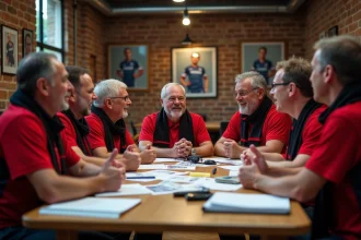Membres de la communauté AJA 1905 réunis en réunion autour d'une table pour discuter de la vie du club de football auxerrois