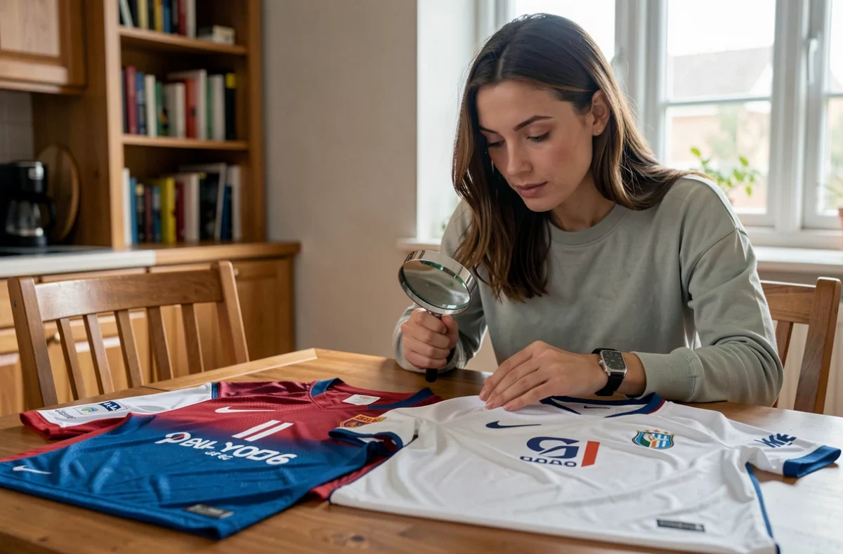 Femme comparant un vrai maillot Nike Coupe du Monde 2026 et une contrefaçon à domicile, examinant les coutures à la loupe