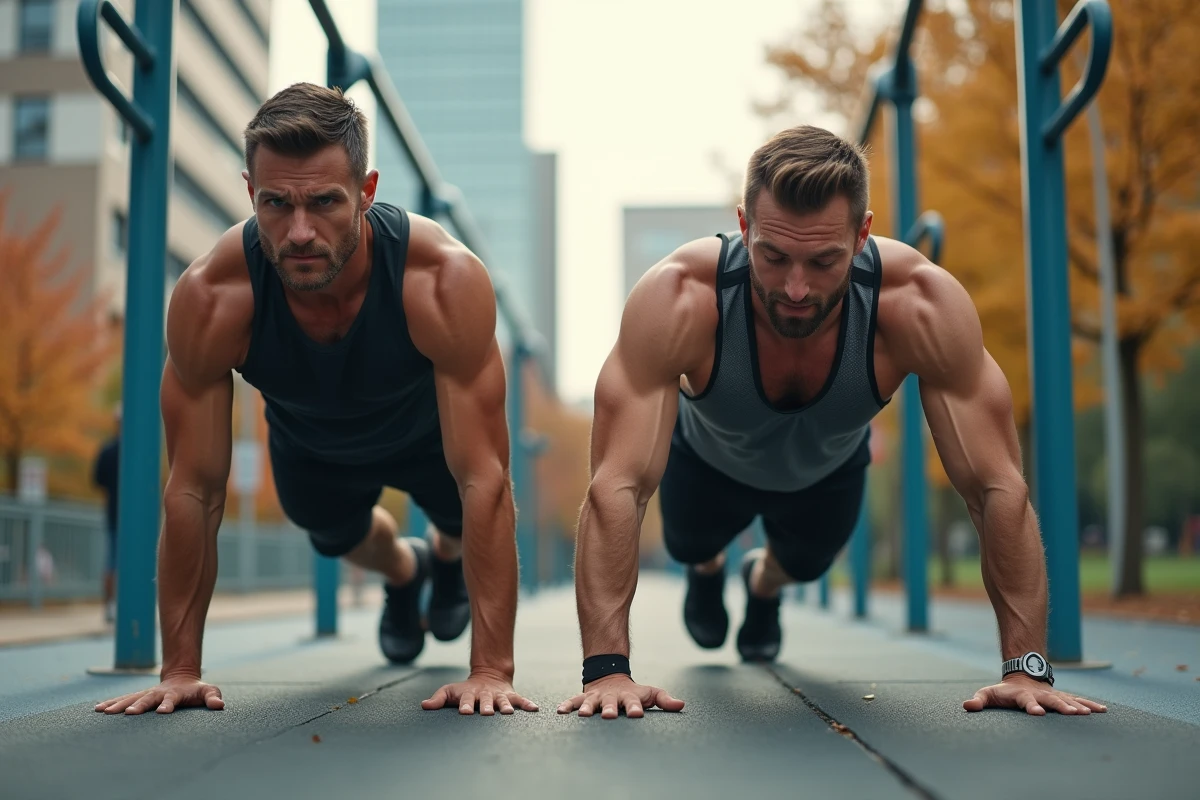 Deux sportifs comparant pompe lestée avec gilet lesté et pompe au poids du corps dans un parc de fitness urbain