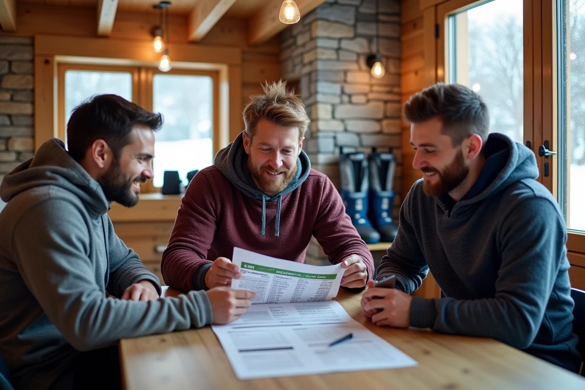 Groupe de skieurs comparant les prix des forfaits saison aux deux alpes autour d'une table en chalet