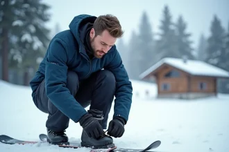 Homme adulte vérifiant la compatibilité entre ses chaussures de ski et la fixation d'une patinette ski sur une piste enneigée