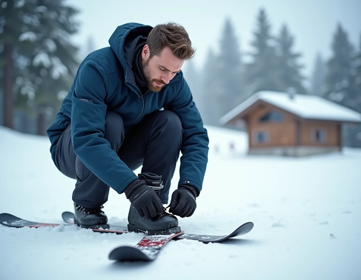 Homme adulte vérifiant la compatibilité entre ses chaussures de ski et la fixation d'une patinette ski sur une piste enneigée