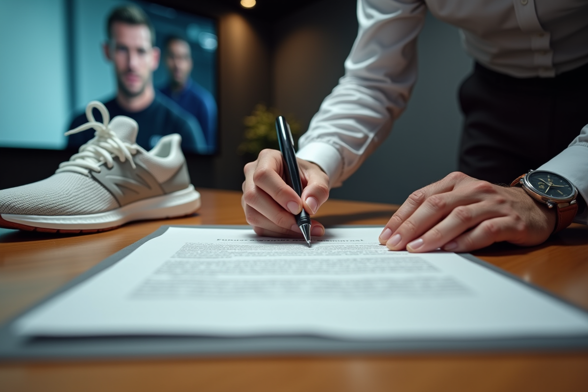 Main ajustant un stylo sur un contrat avec sneakers sur un bureau