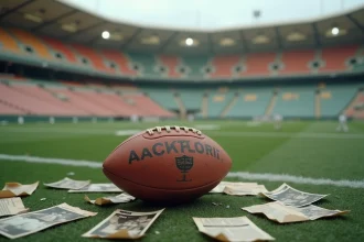 Ballon de football vintage posé sur une pelouse de stade vide entouré de coupures de journaux de la Coupe du monde 1998, évoquant les mystères et polémiques du tournoi