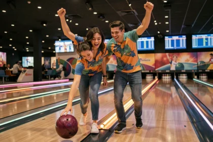 Couple complice jouant au bowling dans une salle moderne lors d'un rendez-vous romantique original