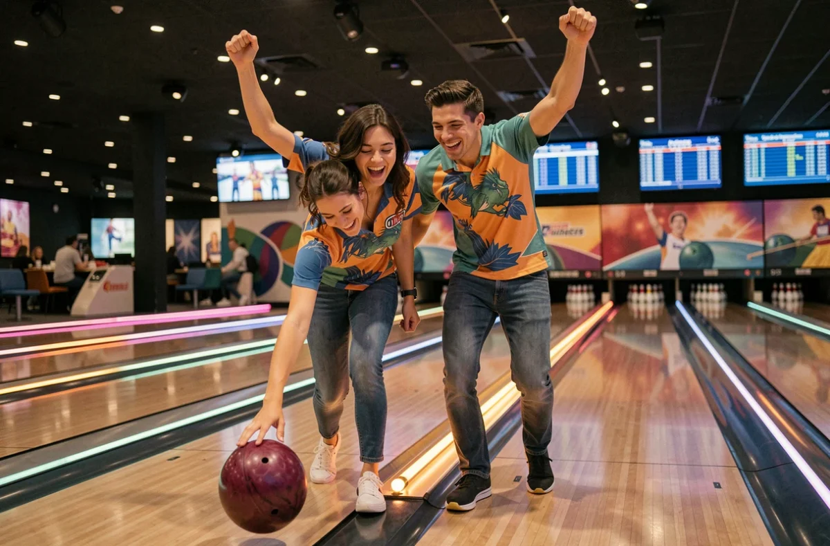 Couple complice jouant au bowling dans une salle moderne lors d'un rendez-vous romantique original