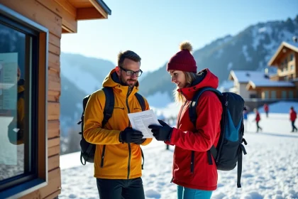 Jeune couple discutant au kiosque de Tignes en ski