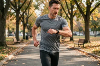 Coureur masculin vérifiant son allure en min/km sur une montre GPS pendant une course en parc urbain
