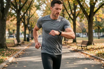 Coureur masculin vérifiant son allure en min/km sur une montre GPS pendant une course en parc urbain