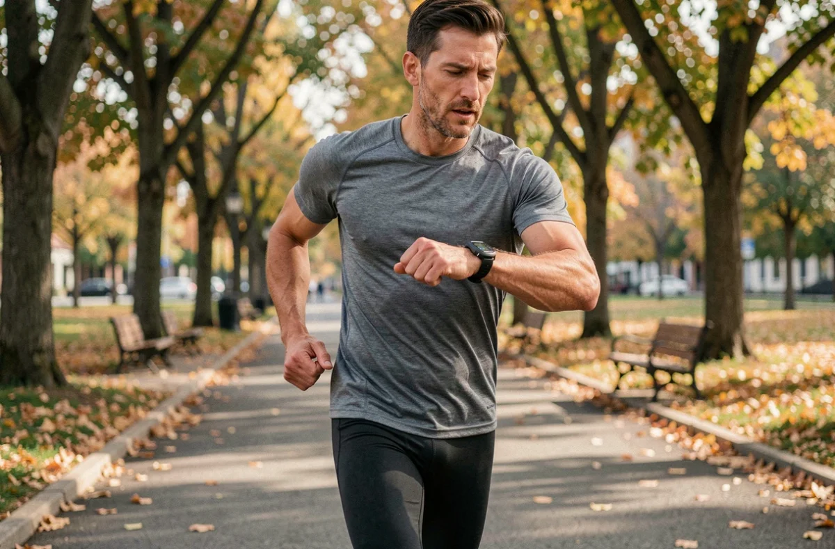 Coureur masculin vérifiant son allure en min/km sur une montre GPS pendant une course en parc urbain