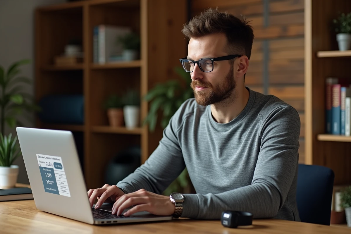 Coureur masculin préparant son marathon en consultant un convertisseur allure min km en km h sur ordinateur