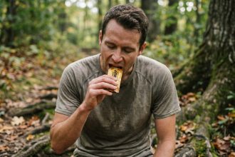 Coureur masculin consommant un gel énergétique au miel sur un sentier forestier pendant sa course