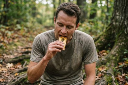 Coureur masculin consommant un gel énergétique au miel sur un sentier forestier pendant sa course