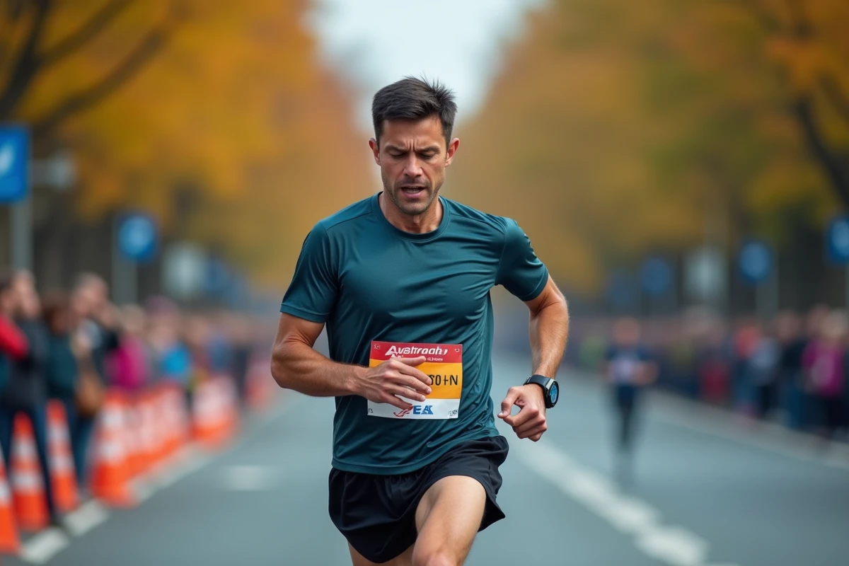 Coureur homme en pleine course lors d'un marathon urbain