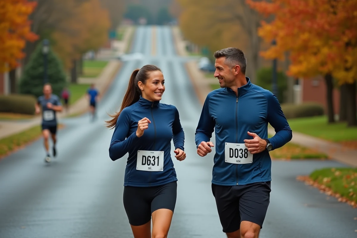 Deux coureurs vérifiant leur allure au kilomètre sur montre GPS lors d'un entraînement marathon en extérieur