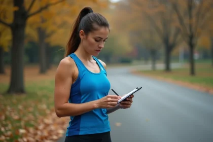 Coureuse analysant ses allures au kilomètre sur un carnet pendant l'entraînement semi-marathon en parc urbain