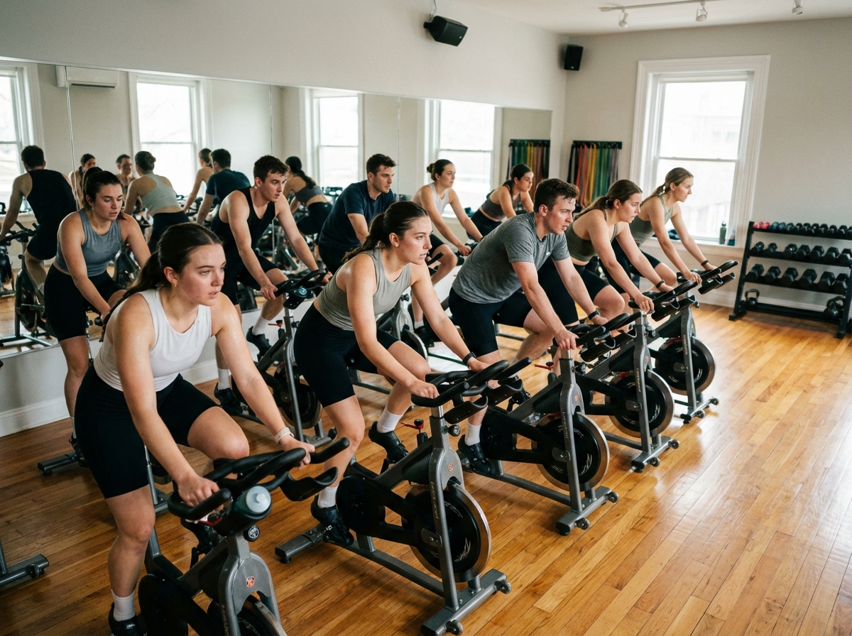 Groupe de jeunes adultes en cours de spinning en salle