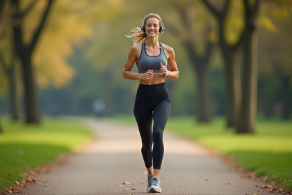 Jeune femme courant dans un parc urbain au matin