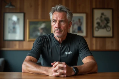 Homme en jersey de cyclisme lors d'une conf&eacute;rence