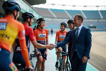 Groupe de cyclistes professionnels saluant leurs managers