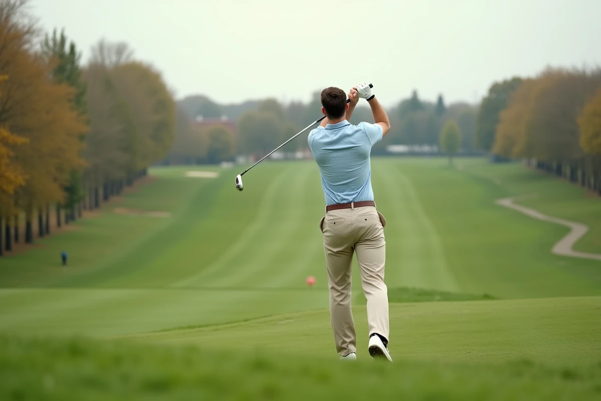 Débutant en golf effectuant un swing sur un parcours verdoyant près de Paris, tenant un fer avec concentration