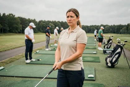 Femme débutante au golf ressentant la peur du regard des autres au practice