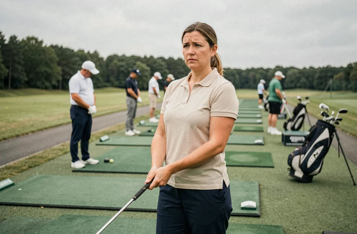 Femme débutante au golf ressentant la peur du regard des autres au practice