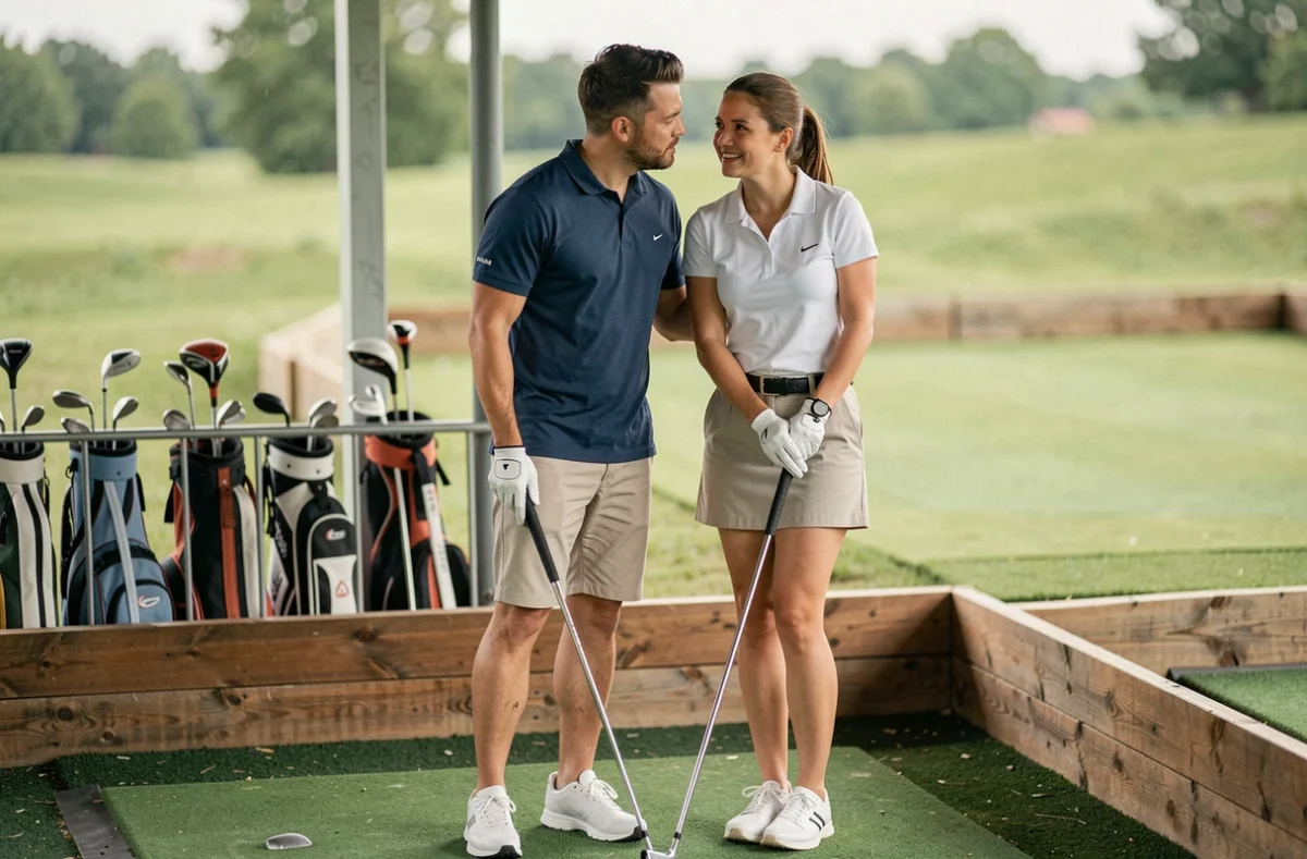 Deux débutants au golf s'encourageant mutuellement au practice pour surmonter la peur du regard